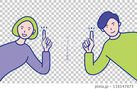 指差しポーズの男女の上半身が横からひょっこりと出ているイメージのイラスト素材【セット】 指差しポーズの男女の上半身が横からひょっこりと出ているイメージのイラスト素材【セット】 118147873