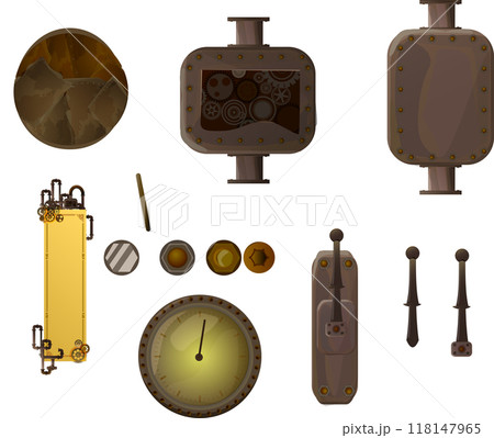 スチームパンク風のボルト・計器・歯車フレーム・レバーファンタジー世界の素材 118147965