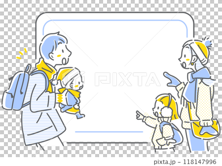A family of four on a trip surprised by great deals - simple and stylish line drawing illustration 118147996