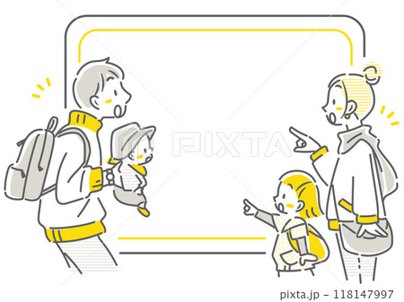お得な情報に驚く旅行中の四人家族　シンプルでお洒落な線画イラスト 118147997