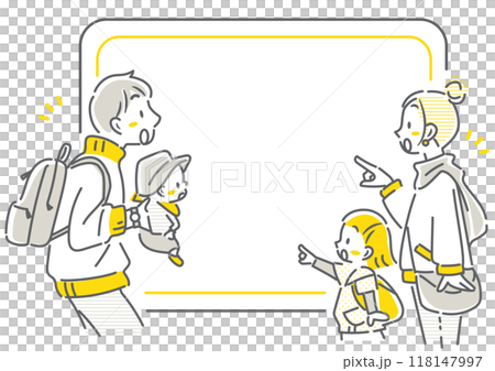 A family of four on a trip surprised by great deals - simple and stylish line drawing illustration 118147997