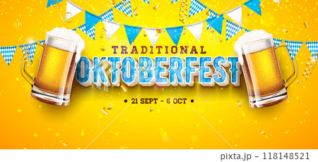 Oktoberfest Beer Festival Banner Illustration with Fresh Lager Beer in the Mug, Bavaria Party Flag Garland and 3d Typography Lettering on Yellow Background. Vector Traditional German Celebration Flyer 118148521