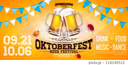 Oktoberfest Party Banner Illustration with Fresh Lager Beer and Blue and White Bavaria Party Flag on Yellow Background. Vector Celebration Flyer Template for Traditional German Beer Festival. 118148522