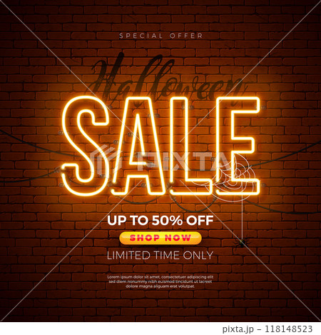 Halloween Sale Banner Illustration with Glowing Neon Light Lettering on Vintage Brick Wall Background. Vector Holiday Design Template with Typography Lettering for Offer, Coupon, Celebration Flyer 118148523