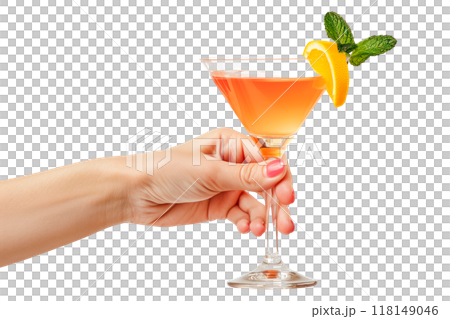 Cocktail in hand isolated on white or transparent background. Cocktail in woman's hand with orange and mint close-up. 118149046