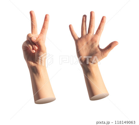 Childs hand counting two and five with little fingers isolated. Gestures for quantity, white 118149063