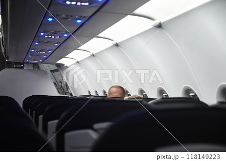 In plane at the airline,a row of seats on the plane 118149223