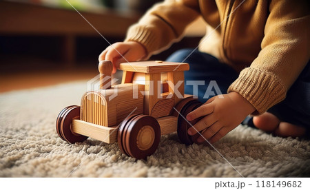 Child Sitting on the Carpet while Playing with a Wooden Toy Tractor - Generative Ai 118149682