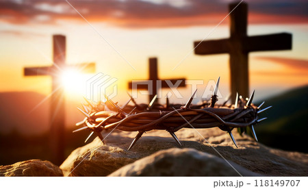 Close-up of a Crown of Thorns and Three Religious Crosses at Sunset - Generative Ai 118149707