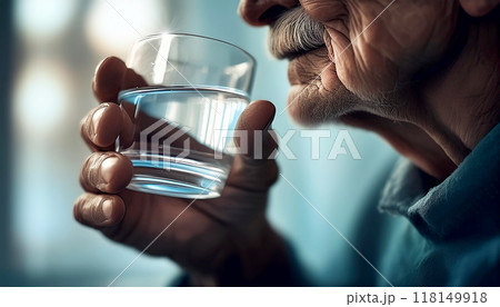 Closeup of a Wrinkled Hand of a Elderly Man Holding a Glass of Fresh Water - Generative Ai 118149918