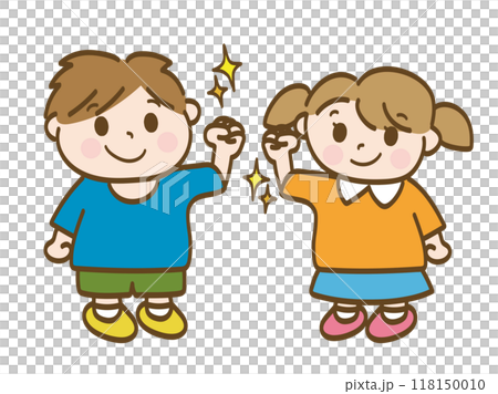 ガッツポーズでやる気満々の男の子と女の子の全身イラスト(小学生低学年、幼児) ガッツポーズでやる気満々の男の子と女の子の全身イラスト(小学生低学年、幼児) 118150010