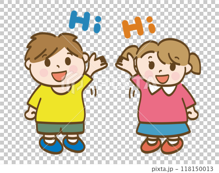 Full-body illustration of a boy and girl raising their hands enthusiastically to reply (elementary school students, toddlers) 118150013