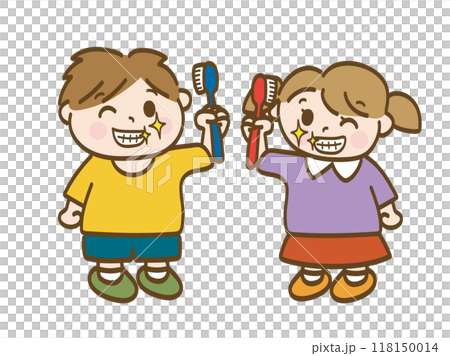 刷牙並炫耀潔白牙齒的男孩和女孩的全身插圖（小學生、幼兒） 118150014