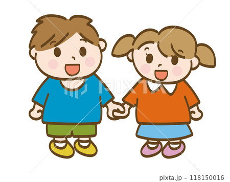 仲良く手をつないで楽しそうな男の子と女の子の全身イラスト(小学生低学年、幼児) 仲良く手をつないで楽しそうな男の子と女の子の全身イラスト(小学生低学年、幼児) 118150016