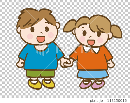 仲良く手をつないで楽しそうな男の子と女の子の全身イラスト(小学生低学年、幼児) 仲良く手をつないで楽しそうな男の子と女の子の全身イラスト(小学生低学年、幼児) 118150016