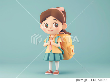 Smiling schoolgirl cartoon, 3D isometric render, celebrating Back to School, new school year excitement 118150042