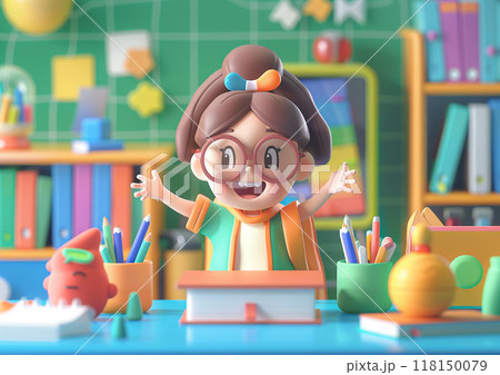 Smiling teacher cartoon, 3D isometric render, celebrating Back to School, new school year excitement 118150079