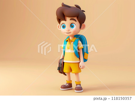 Cute schoolboy cartoon, 3D isometric render, ready for Back to School, celebrating a new school year 118150357