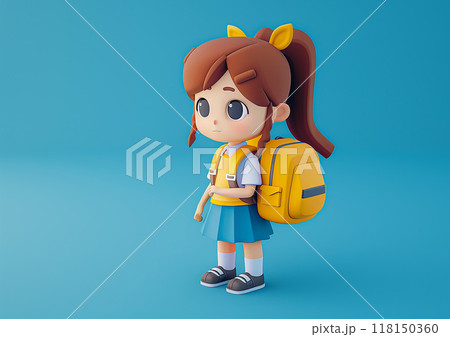 Cute schoolgirl cartoon, 3D isometric render, ready for Back to School, celebrating a new school year 118150360