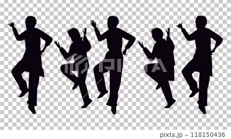 腕を横に振るダンスをする男女5人のシルエット 腕を横に振るダンスをする男女5人のシルエット 118150436