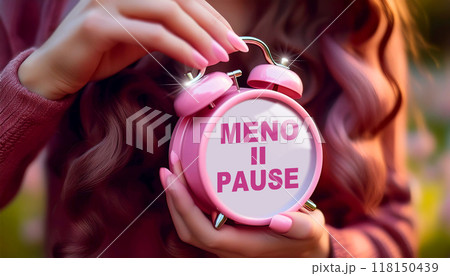Hands of Woman Holding an Alarm Clock with Pause Symbol and Text Menopause - Generative Ai 118150439