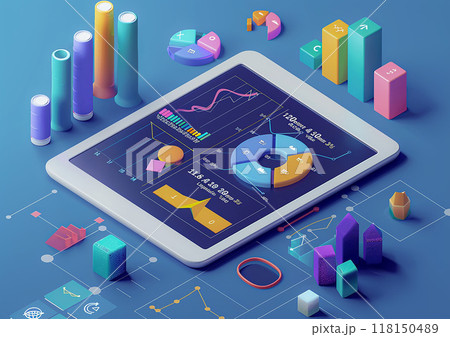 Tablet displaying business analytics, 3D isometric render, real-time data 118150489