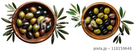 Olive Wooden Bowl Full of Fresh Olives Isolated on White Background - Generative Ai 118150648