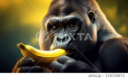 Portrait of a Large Silverback Gorilla while Eating a Yellow Banana - Generative Ai 118150672