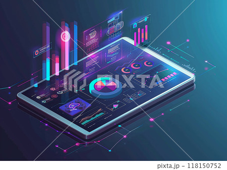 Data analytics interface, 3D isometric render on tablet, business intelligence 118150752