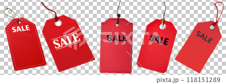 Set of isolated red price tags with black and white text "SALE" on a transparent background for Black Friday or sale events. AI generated. 118151289