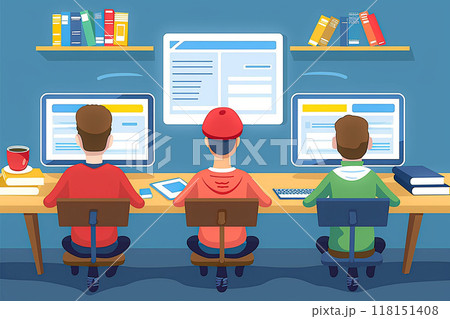 Educators conducting virtual lessons on an e-learning platform, interactive online education 118151408