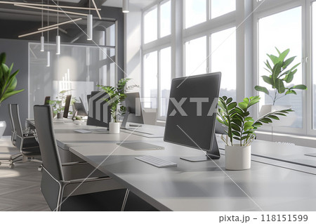 Contemporary office interior, 3D animation, flat design, clean and minimal 118151599