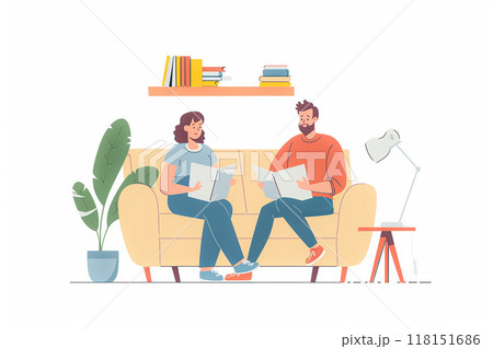 Managing family budget, couple calculating finances, flat vector illustration Managing family budget, couple calculating finances, flat vector illustration 118151686