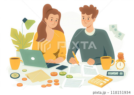 Couples planning income and expenses, financial management, flat vector illustration 118151934