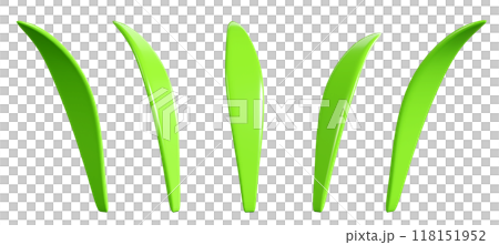 Green grass leaf 3d render illustration set for spring and summer border or banner design. Cartoon field plant for Easter decoration. Garden and lawn greenery blade leaves. Outdoor vegetation. 118151952