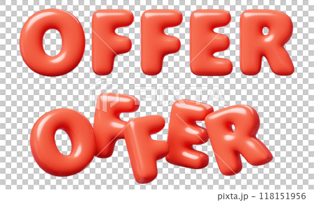Offer red Inflatable flying word for promotion design. 3D render illustration of sale and discount floating text design element. Balloon cartoon volumetric sign for special offer advertising. 118151956