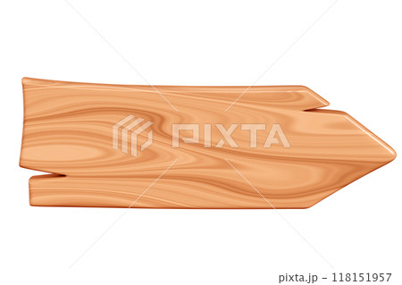 Wooden arrow plaque with cracks for text box. Cartoon 3d render illustration of signboard with brown wood texture. Vintage rustic timber plank, nameplate or board frame with fracture. 118151957
