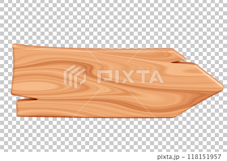 Wooden arrow plaque with cracks for text box. Cartoon 3d render illustration of signboard with brown wood texture. Vintage rustic timber plank, nameplate or board frame with fracture. 118151957