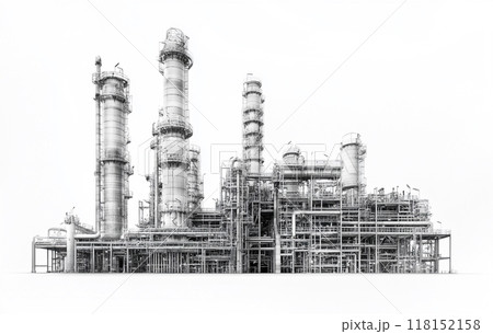 Black and white image of an industrial petrochemical plant against a white background. Black and white image of an industrial petrochemical plant against a white background. 118152158