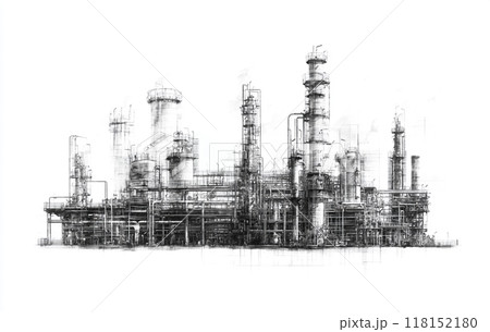 Black and white image of an industrial petrochemical plant against a white background.  Black and white image of an industrial petrochemical plant against a white background.  118152180