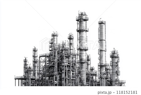 Black and white image of an industrial petrochemical plant against a white background.  Black and white image of an industrial petrochemical plant against a white background.  118152181
