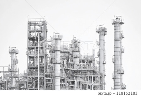 Black and white image of an industrial petrochemical plant against a white background.  Black and white image of an industrial petrochemical plant against a white background.  118152183