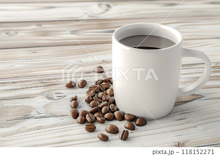 White mockup coffee cup with coffee beans on light wooden background, advertising, 3D render White mockup coffee cup with coffee beans on light wooden background, advertising, 3D render 118152271