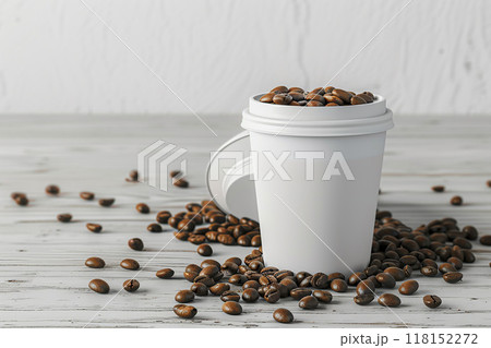 White mockup coffee cup with coffee beans on light wooden background, advertising, 3D render White mockup coffee cup with coffee beans on light wooden background, advertising, 3D render 118152272