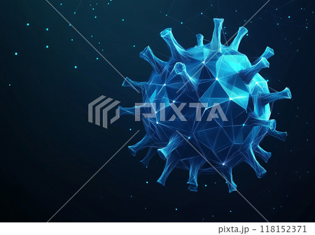 Abstract vector illustration depicting the concept of a virus, in blue color on a dark background, in the low-poly style. 118152371
