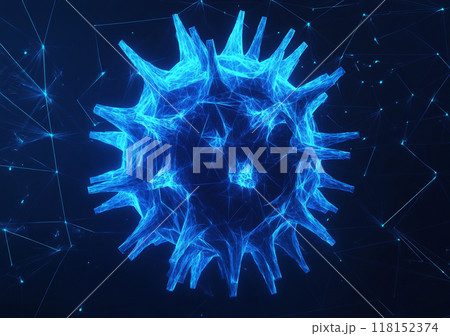 Abstract vector illustration depicting the concept of a virus, in blue color on a dark background, in the low-poly style. 118152374