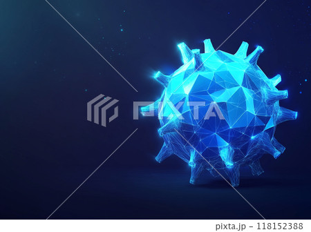 Abstract vector illustration depicting the concept of a virus, in blue color on a dark background, in the low-poly style. Abstract vector illustration depicting the concept of a virus, in blue color on a dark background, in the low-poly style. 118152388