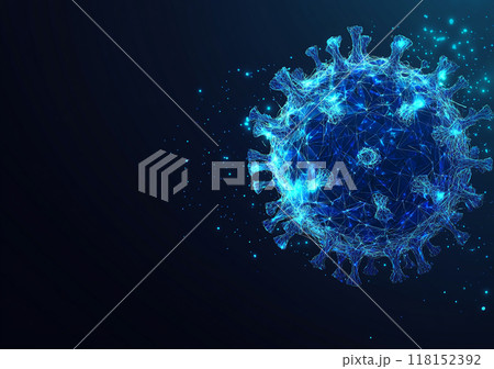 Abstract vector illustration depicting the concept of a virus, in blue color on a dark background, in the low-poly style. 118152392