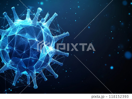 Abstract vector illustration depicting the concept of a virus, in blue color on a dark background, in the low-poly style. 118152393
