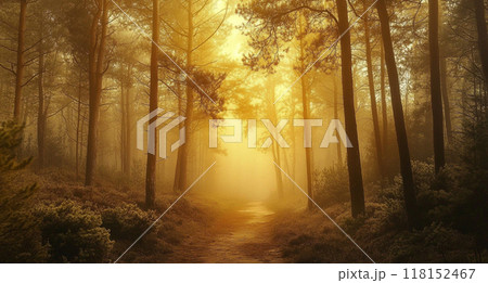 A mystical forest with tall trees, bathed in golden light filtering through the foggy atmosphere. 118152467